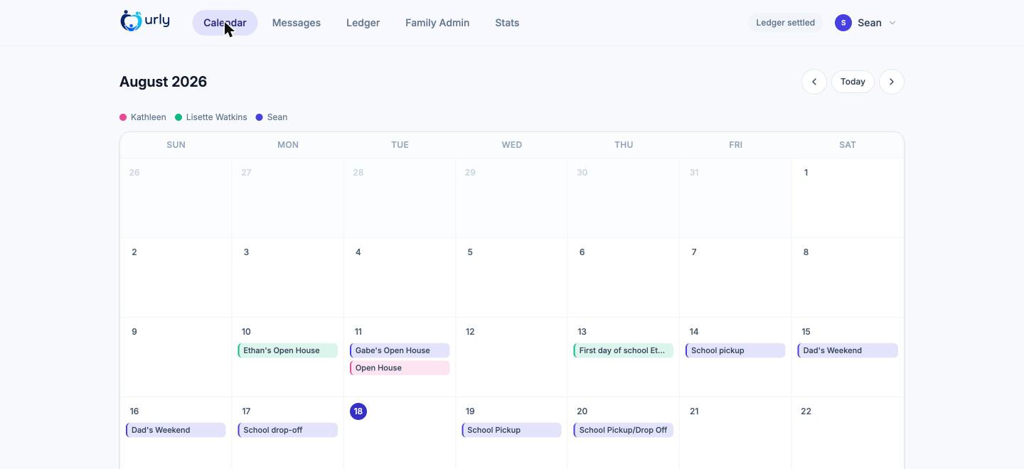 Ourly shared calendar showing color-coded events per parent, including custody weekends, school pickups, and open houses